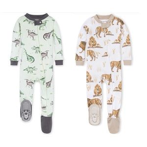 Burts Bees Baby 6-9M Zip Up Grippy Footie PJ Pajama Bundle of 2 Lion Dinosaur